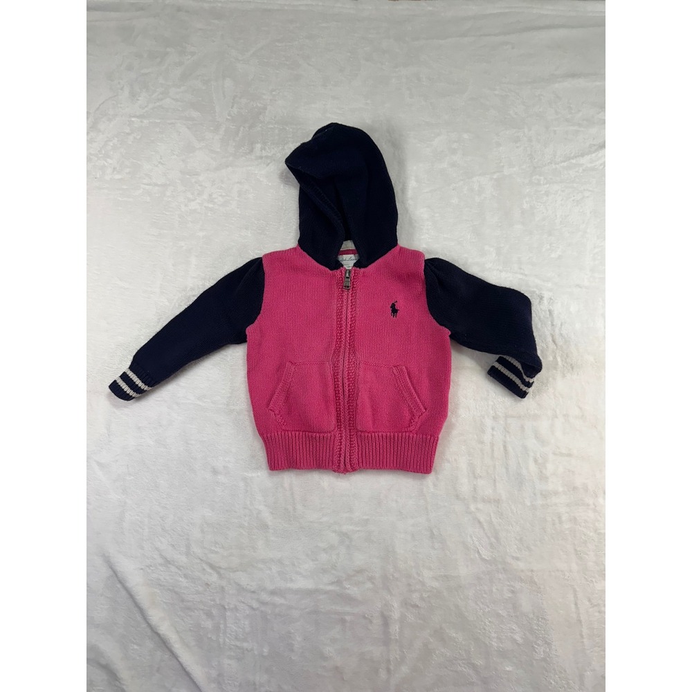 Ralph Lauren Knit Full Zip Hooded Sweater 12M Pink Navy Blue Colorblock Kids